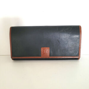 Celine Vintage Leather Large Wallet Tan Trim Black Long Logo Designer Envelope